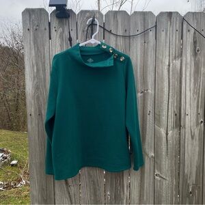 St Johns Bay Womens Emerald Green Ribbed Funnel Neck Button Shoulder Top Large